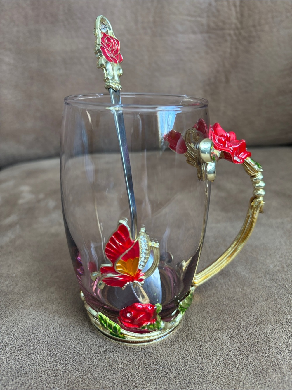 Glass Tea Mug with Red Rose Accent and Matching Spoon